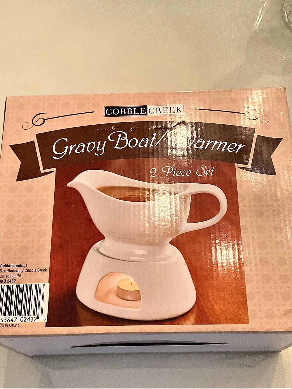 Cobble Creek Gravy Boat / Warmer 2 Piece Set White & Brown